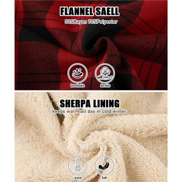 Men's Flannel Jacket Zip Up Fleece Sweatshirt Red - Picture 5 of 5